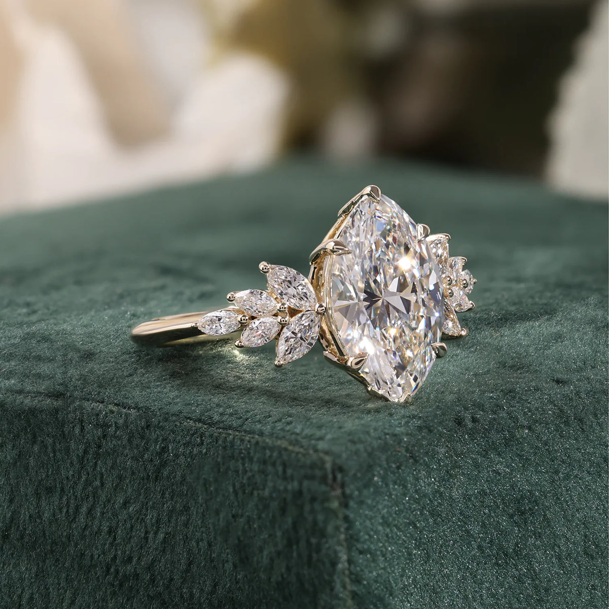 Marquise Lab Grown Diamond Ring, Floral Marquise Pear Cluster Sides