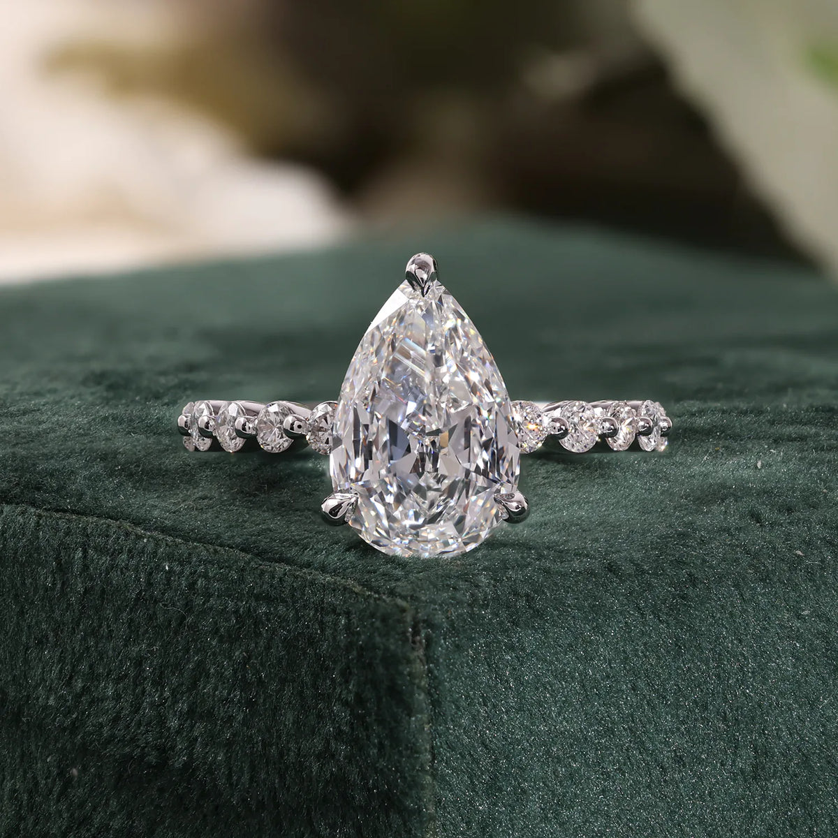 Pear Lab Grown Diamond Hidden Halo, Round Diamond Shared Prong Ring