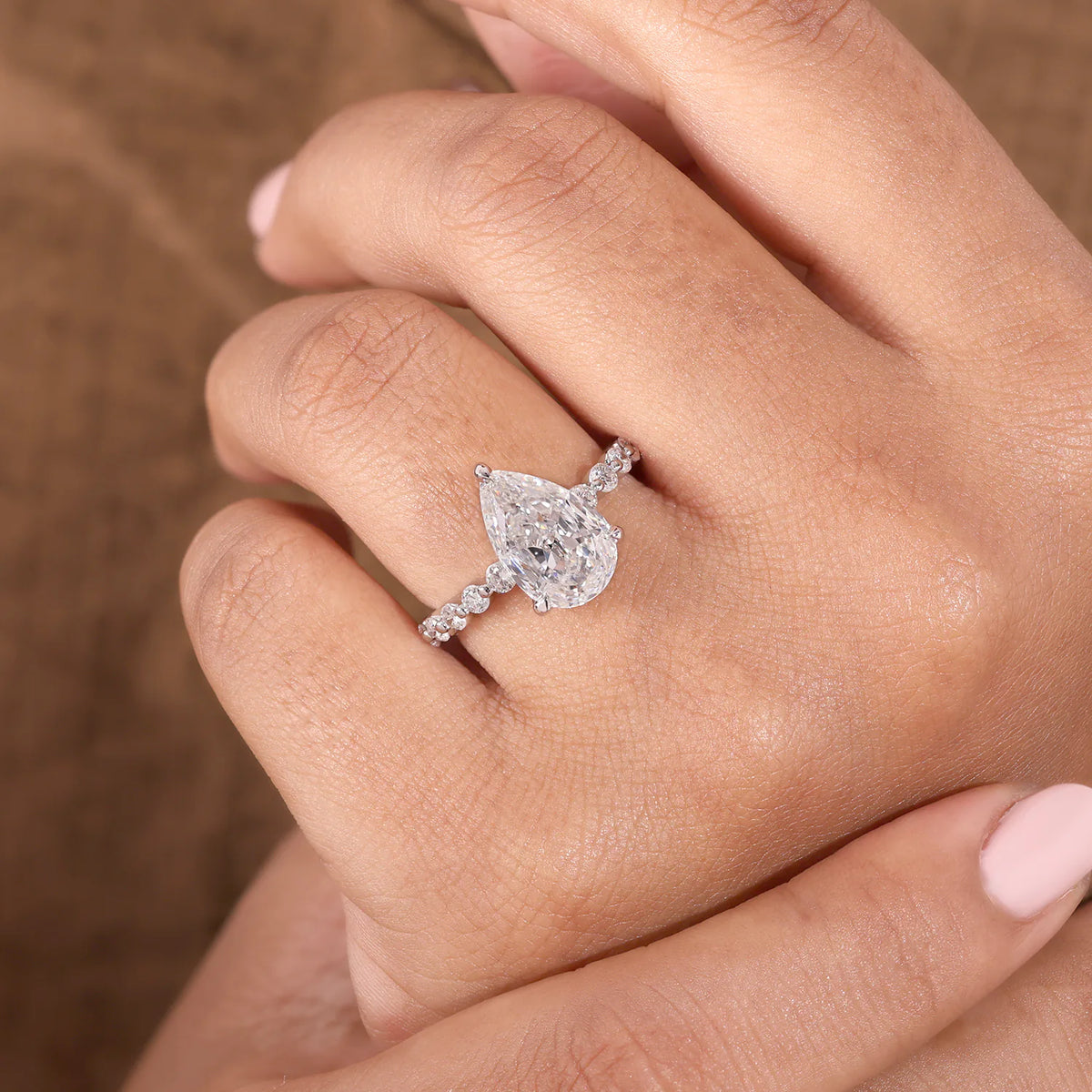 Pear Lab Grown Diamond Hidden Halo, Round Diamond Shared Prong Ring