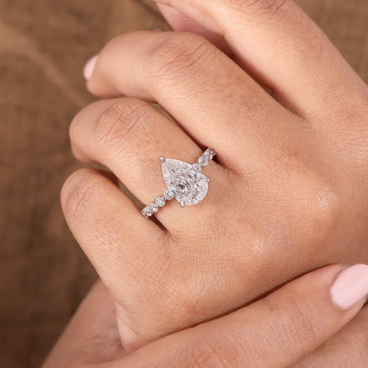 Pear Lab Grown Diamond Hidden Halo, Round Diamond Shared Prong Ring