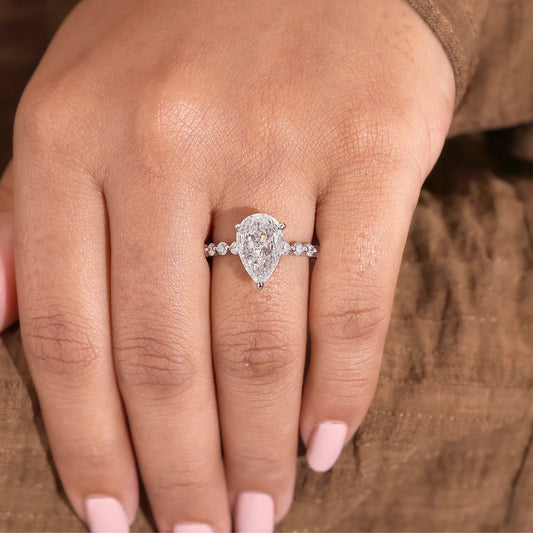 Pear Lab Grown Diamond Hidden Halo, Round Diamond Shared Prong Ring
