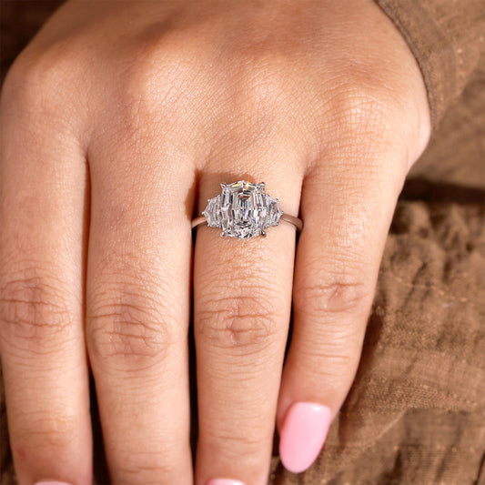Octagonal Cut Lab Grown Diamond Ring, Cadillse Side Stones, Plain Ring