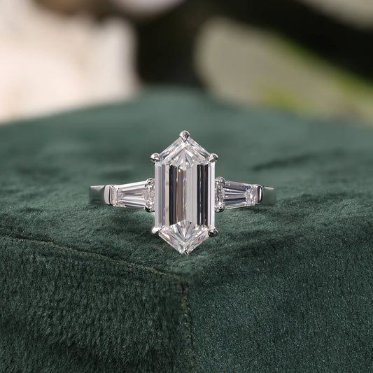 Elongated Hexagon Diamond Ring with Tapered Baguette Sides