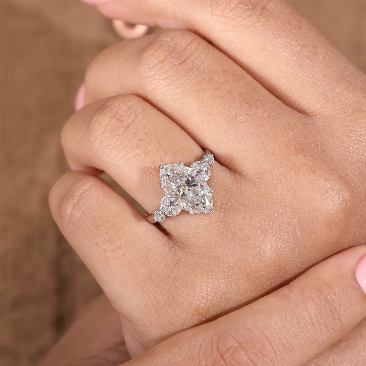Marquise Lab Grown Diamond Ring, Pear Round Diamond Cluster Sides
