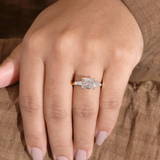 Cushion Cut Diamond Three Stone Ring with Tapered Baguettes