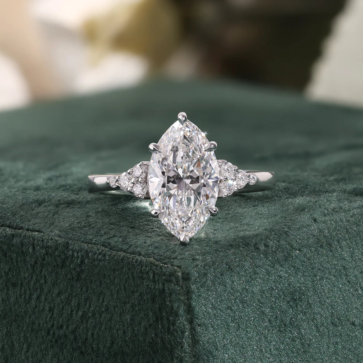Marquise Lab Grown Diamond Ring, Round Diamond Cluster Side Stones