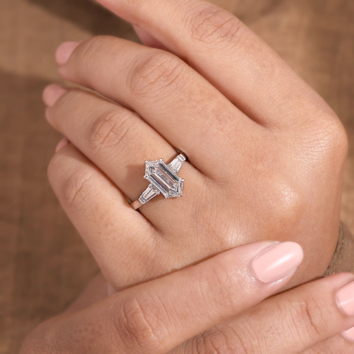 Elongated Hexagon Diamond Ring with Tapered Baguette Sides
