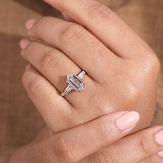 Elongated Hexagon Diamond Ring with Tapered Baguette Sides