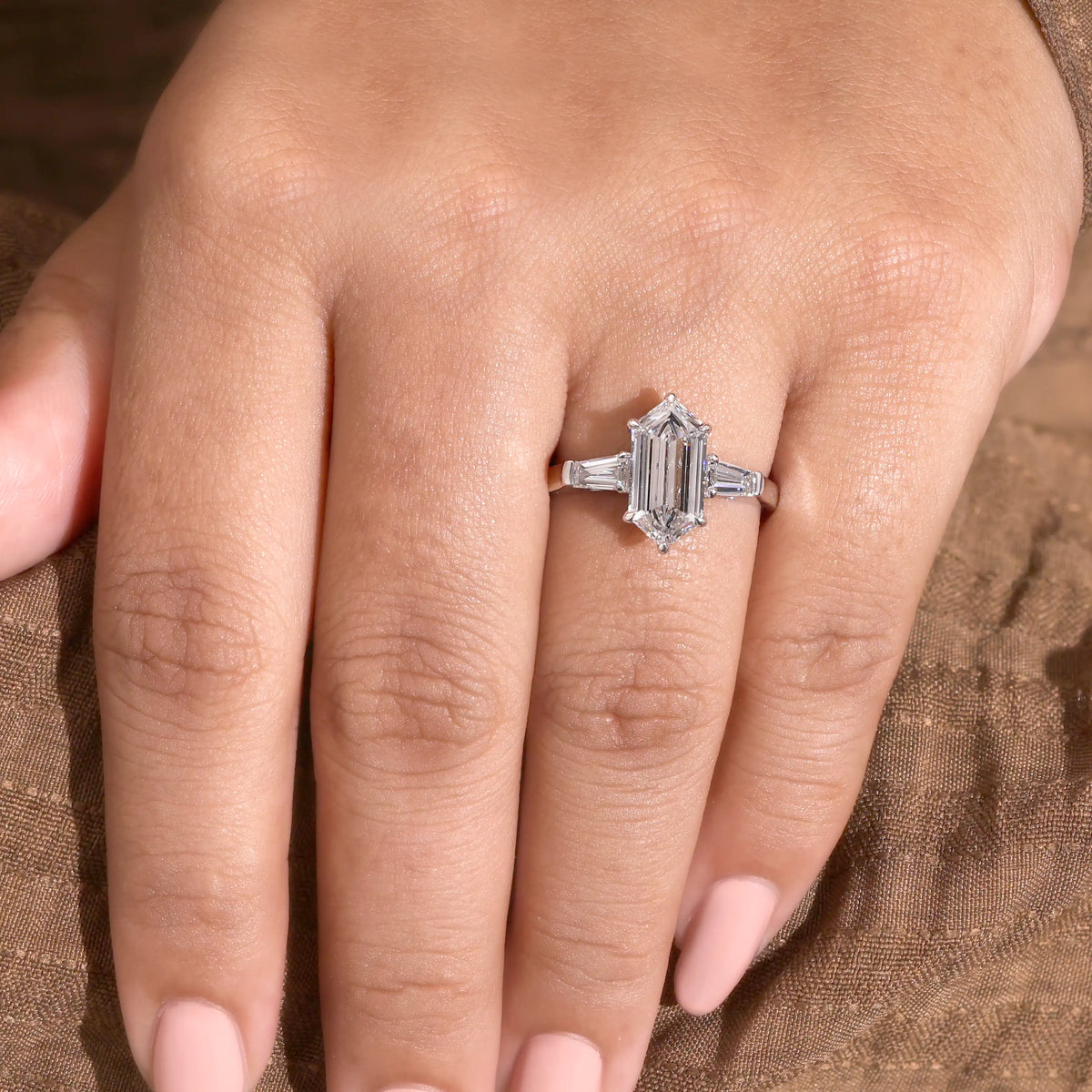 Elongated Hexagon Diamond Ring with Tapered Baguette Sides