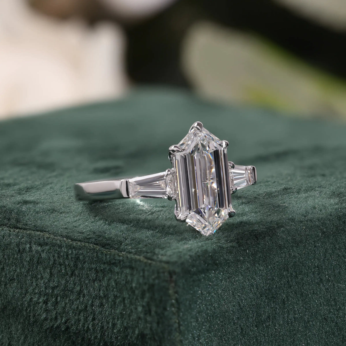 Elongated Hexagon Diamond Ring with Tapered Baguette Sides