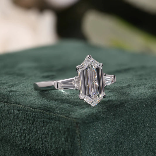 Elongated Hexagon Diamond Ring with Tapered Baguette Sides