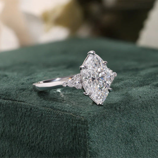 Marquise Lab Grown Diamond Ring, Round Diamond Cluster Side Stones