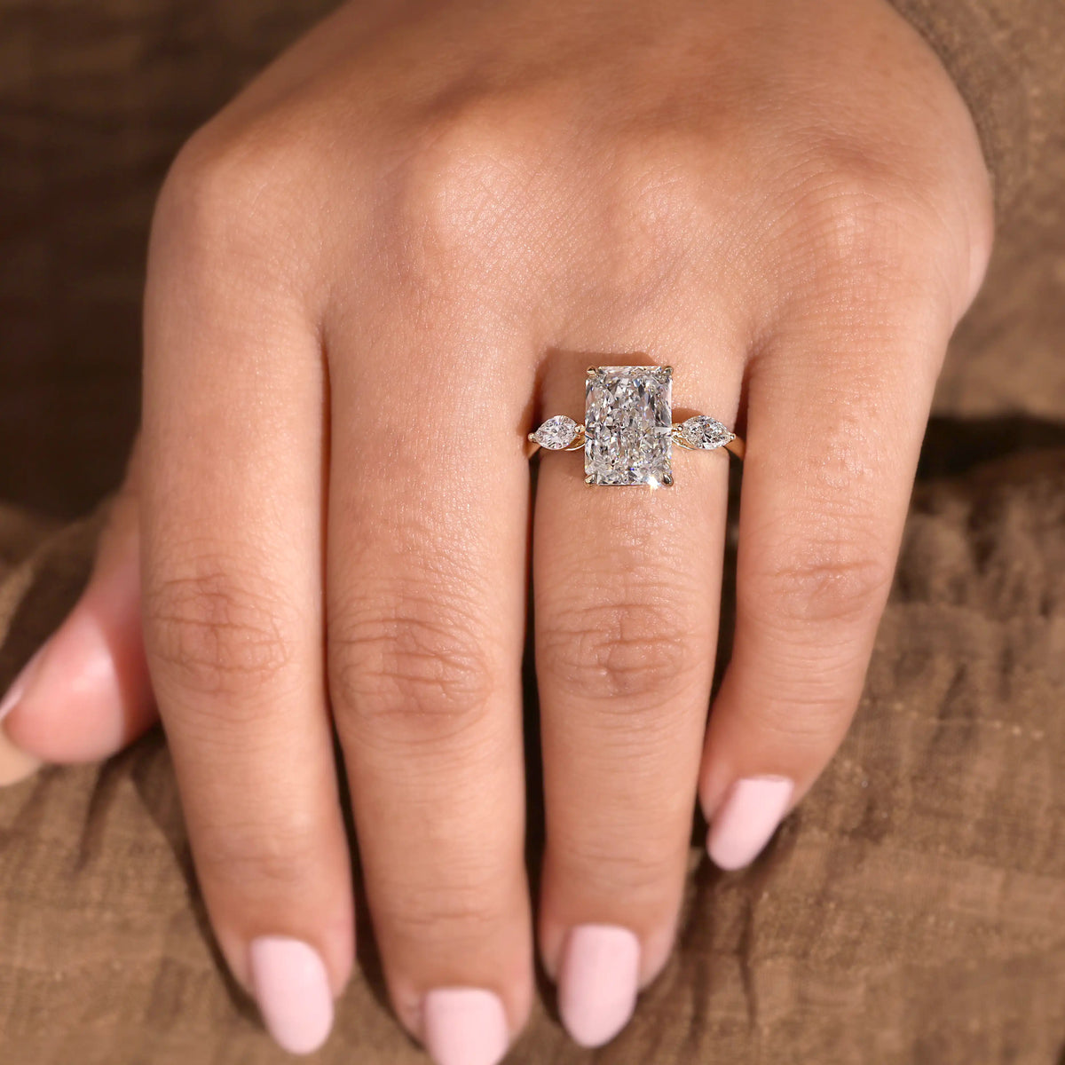 Radiant Cut Lab Grown Diamond Engagement Ring with Pear Shaped Side Stones