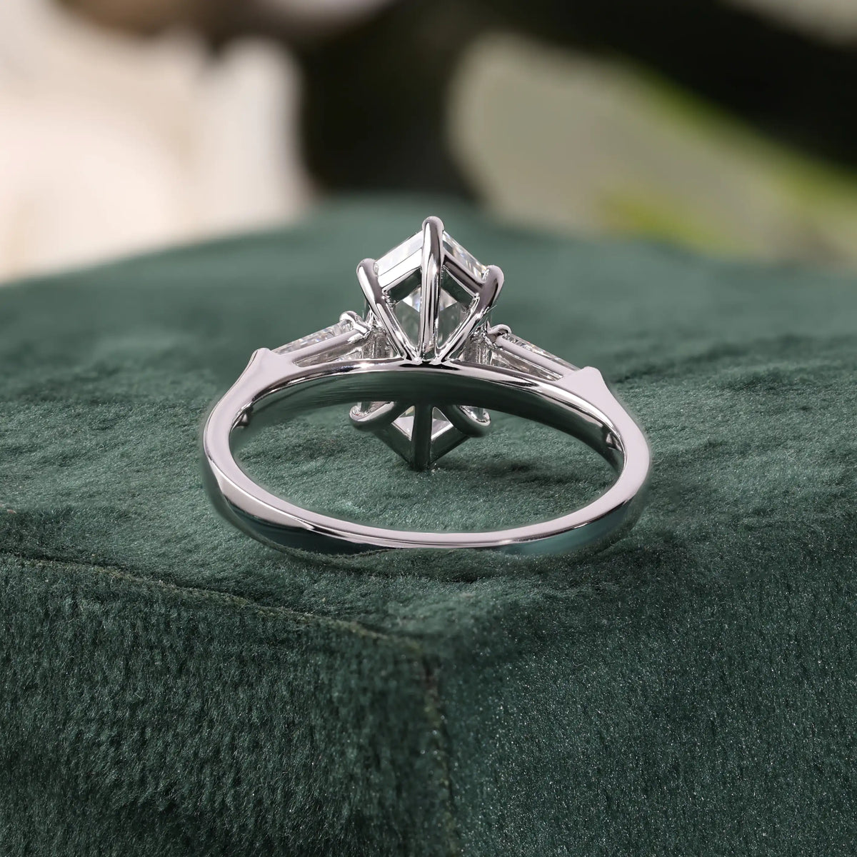Elongated Hexagon Diamond Ring with Tapered Baguette Sides