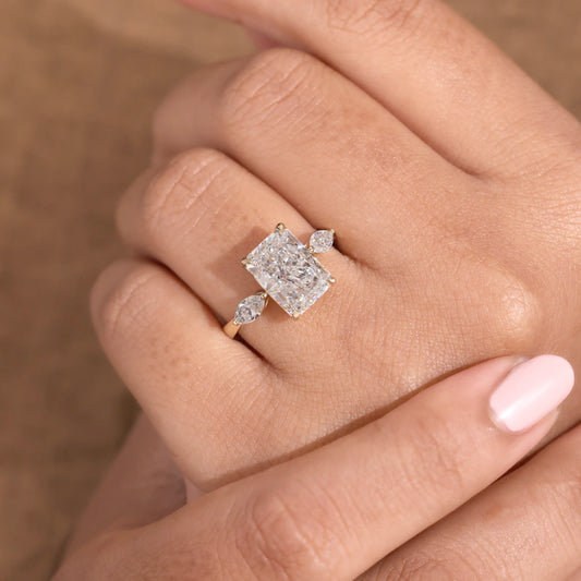 Radiant Cut Lab Grown Diamond Engagement Ring with Pear Shaped Side Stones