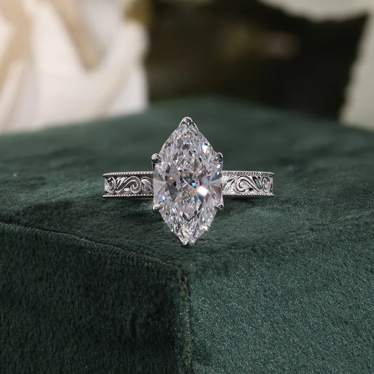 Marquise Cut Lab Grown Diamond Ring with Hand Engraved Vintage Ring