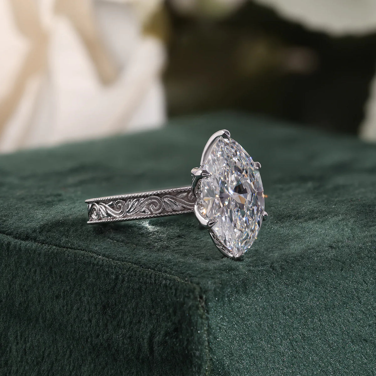 Marquise Cut Lab Grown Diamond Ring with Hand Engraved Vintage Ring
