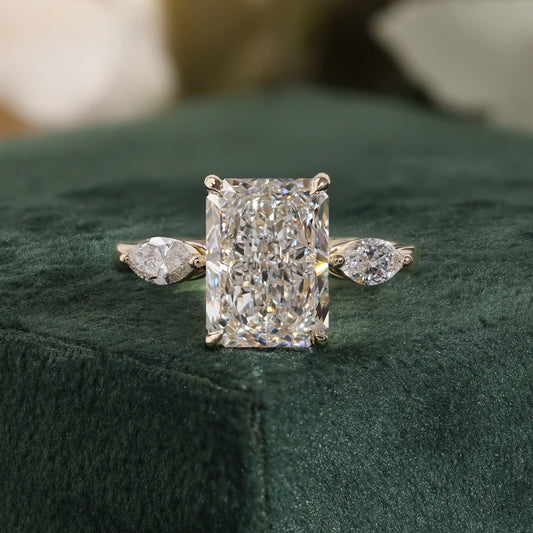 Radiant Cut Lab Grown Diamond Engagement Ring with Pear Shaped Side Stones