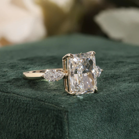 Radiant Cut Lab Grown Diamond Engagement Ring with Pear Shaped Side Stones