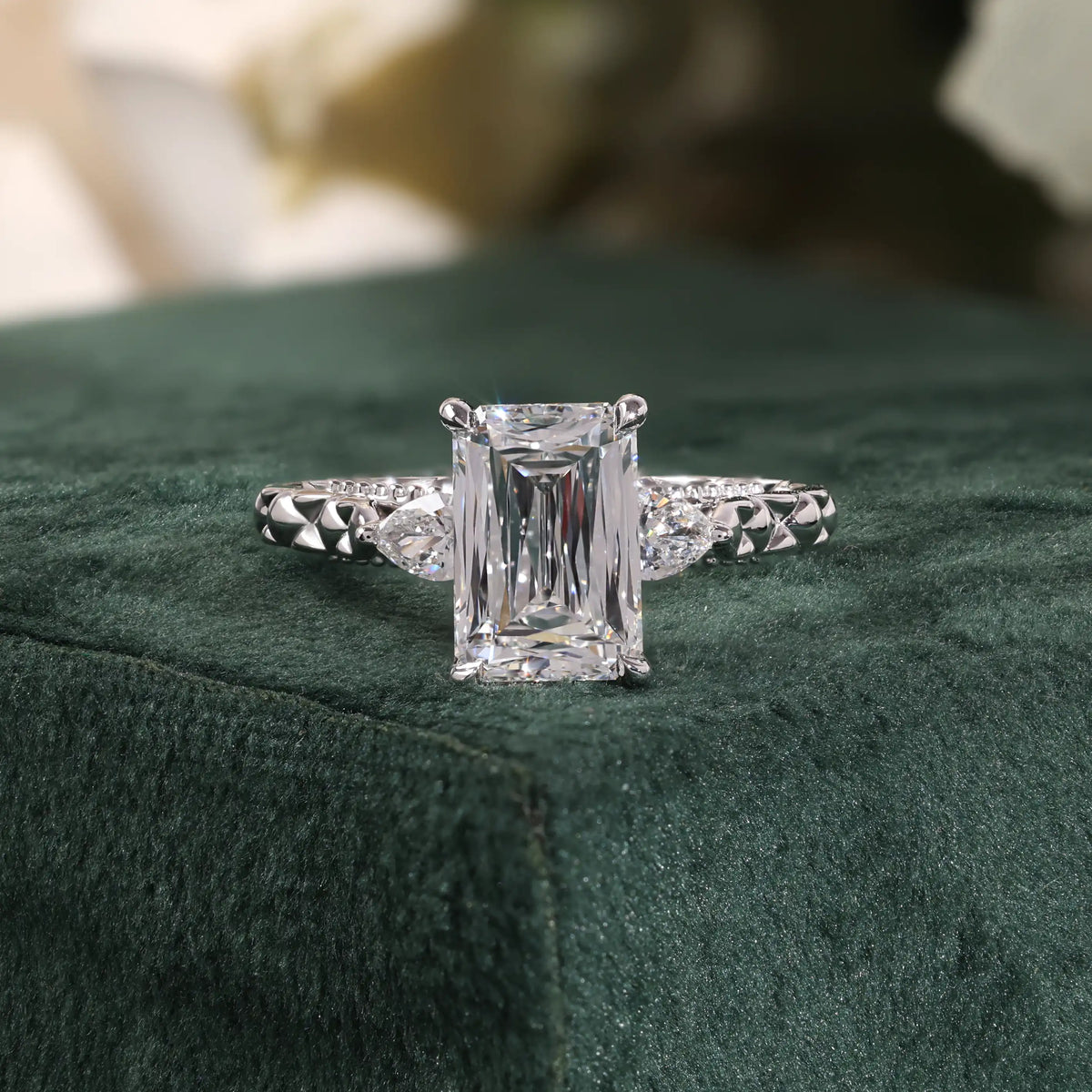 Radiant Cut Diamond Ring with Pear Side Stones, Quilted Ring