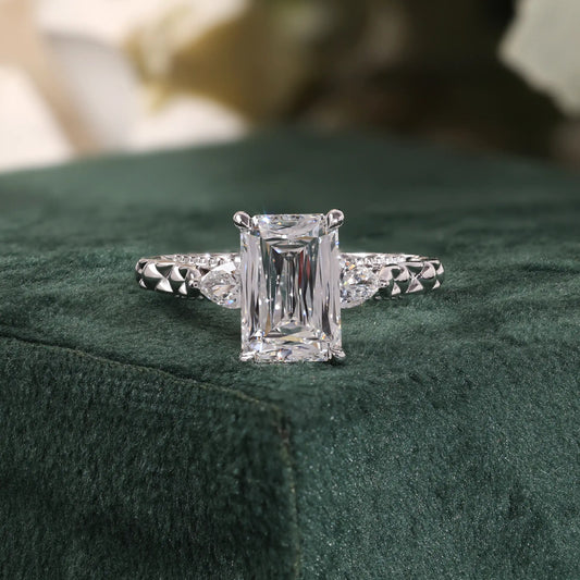 Radiant Cut Diamond Ring with Pear Side Stones, Quilted Ring