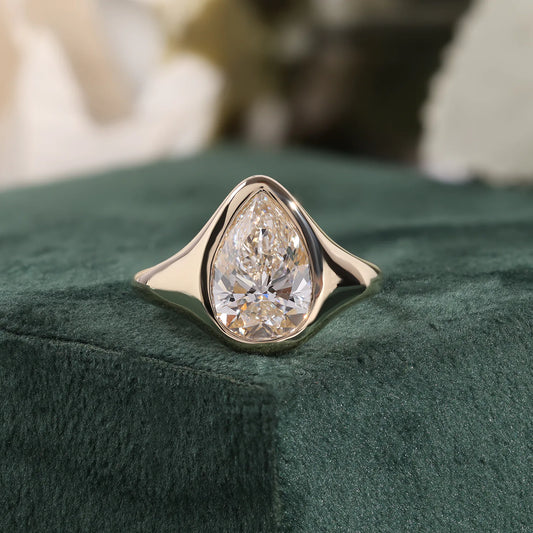 Pear Cut Lab Grown Diamond Flush Bezel Signet Style Engagement Ring