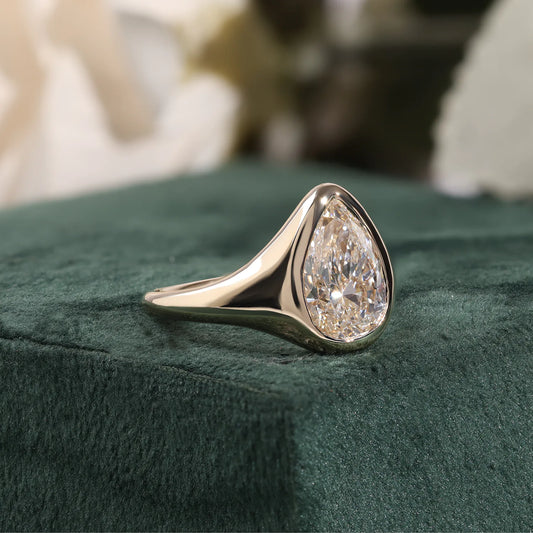 Pear Cut Lab Grown Diamond Flush Bezel Signet Style Engagement Ring
