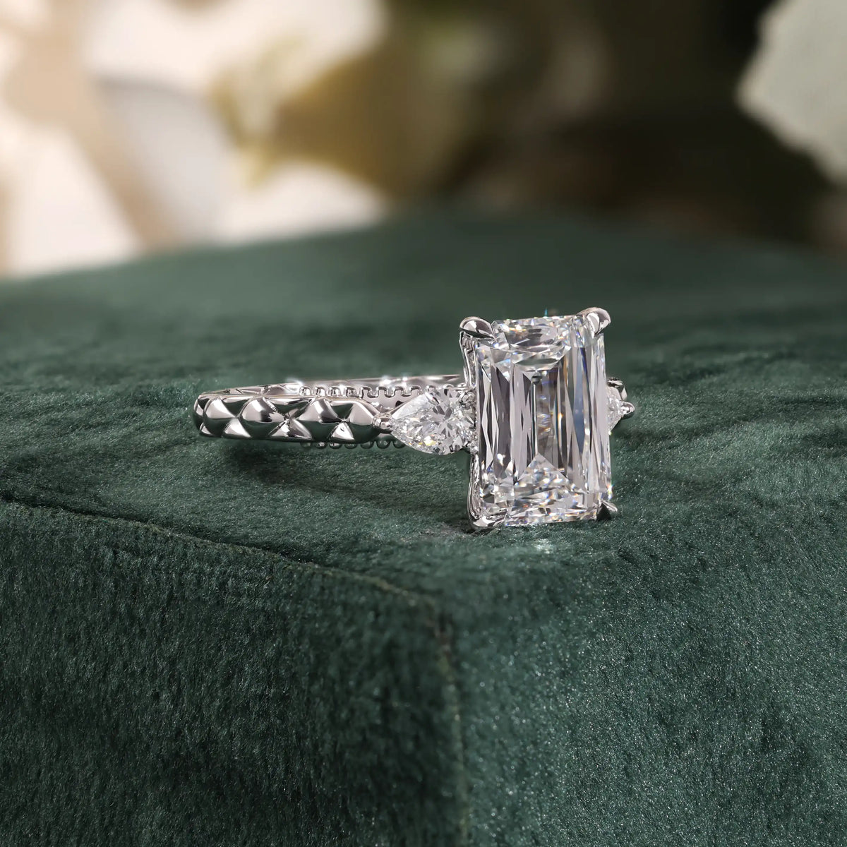 Radiant Cut Diamond Ring with Pear Side Stones, Quilted Ring