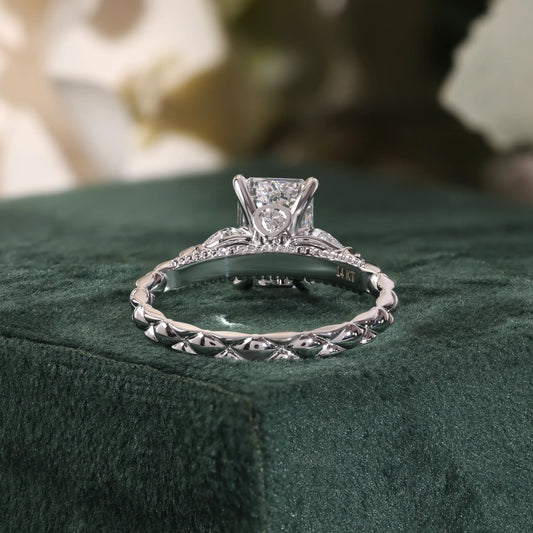 Radiant Cut Diamond Ring with Pear Side Stones, Quilted Ring