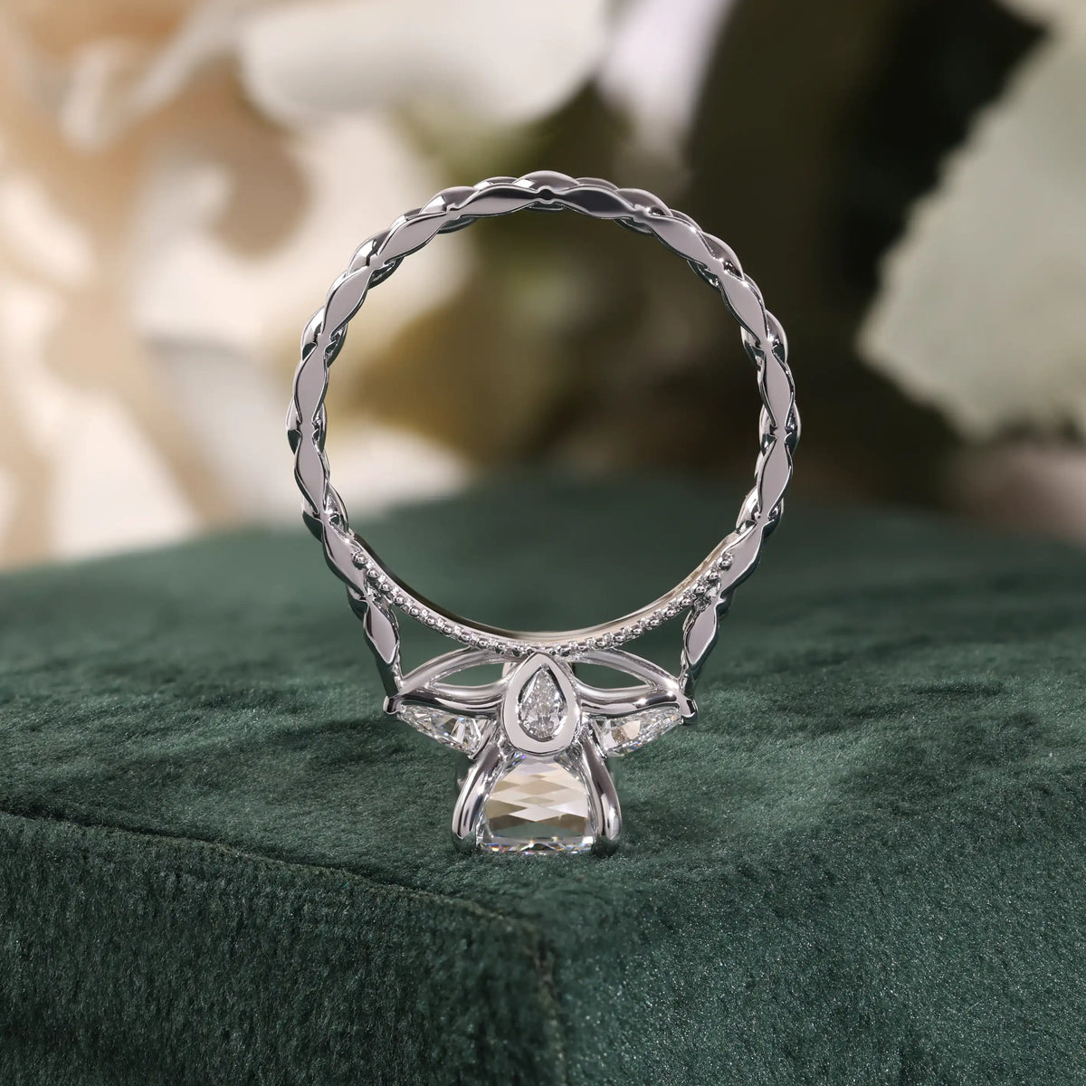 Radiant Cut Diamond Ring with Pear Side Stones, Quilted Ring