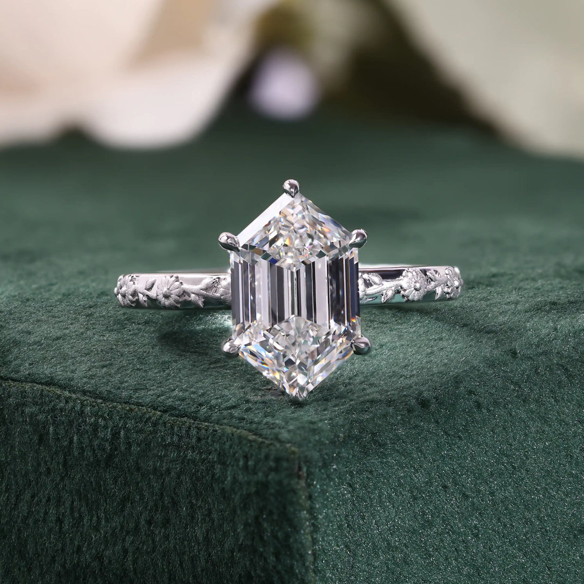 Elongated Hexagon Cut Diamond Engagement Ring with Hidden Halo