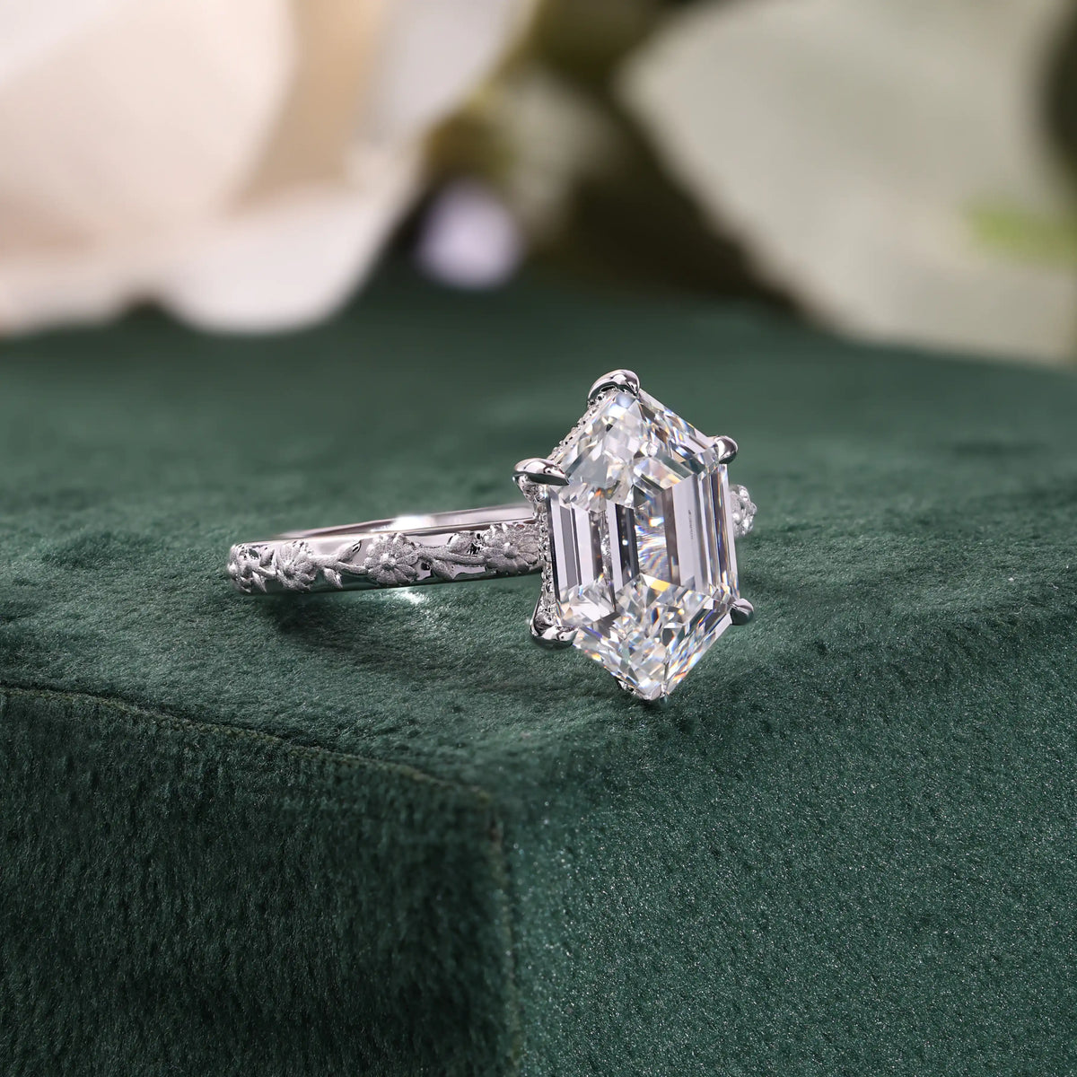 Elongated Hexagon Cut Diamond Engagement Ring with Hidden Halo