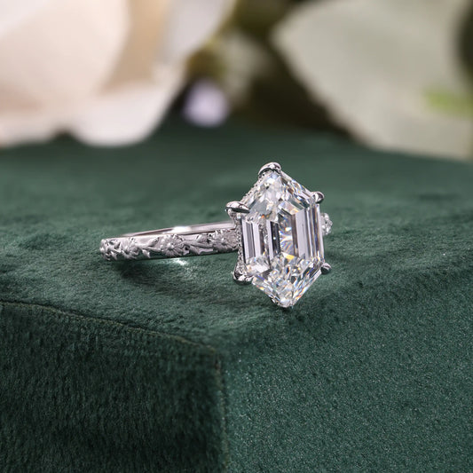 Elongated Hexagon Cut Diamond Engagement Ring with Hidden Halo