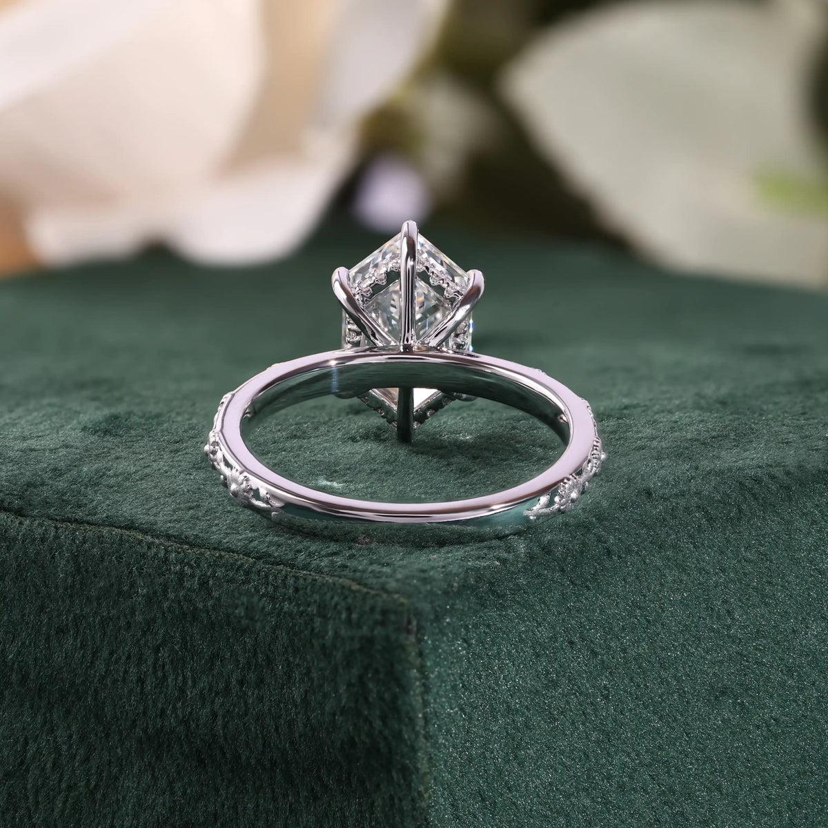 Elongated Hexagon Cut Diamond Engagement Ring with Hidden Halo