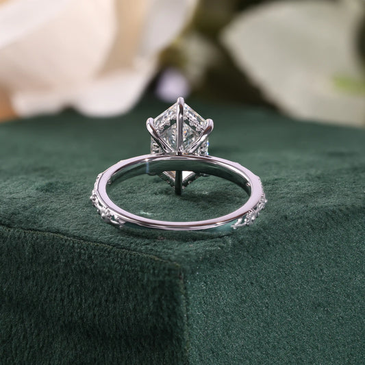 Elongated Hexagon Cut Diamond Engagement Ring with Hidden Halo