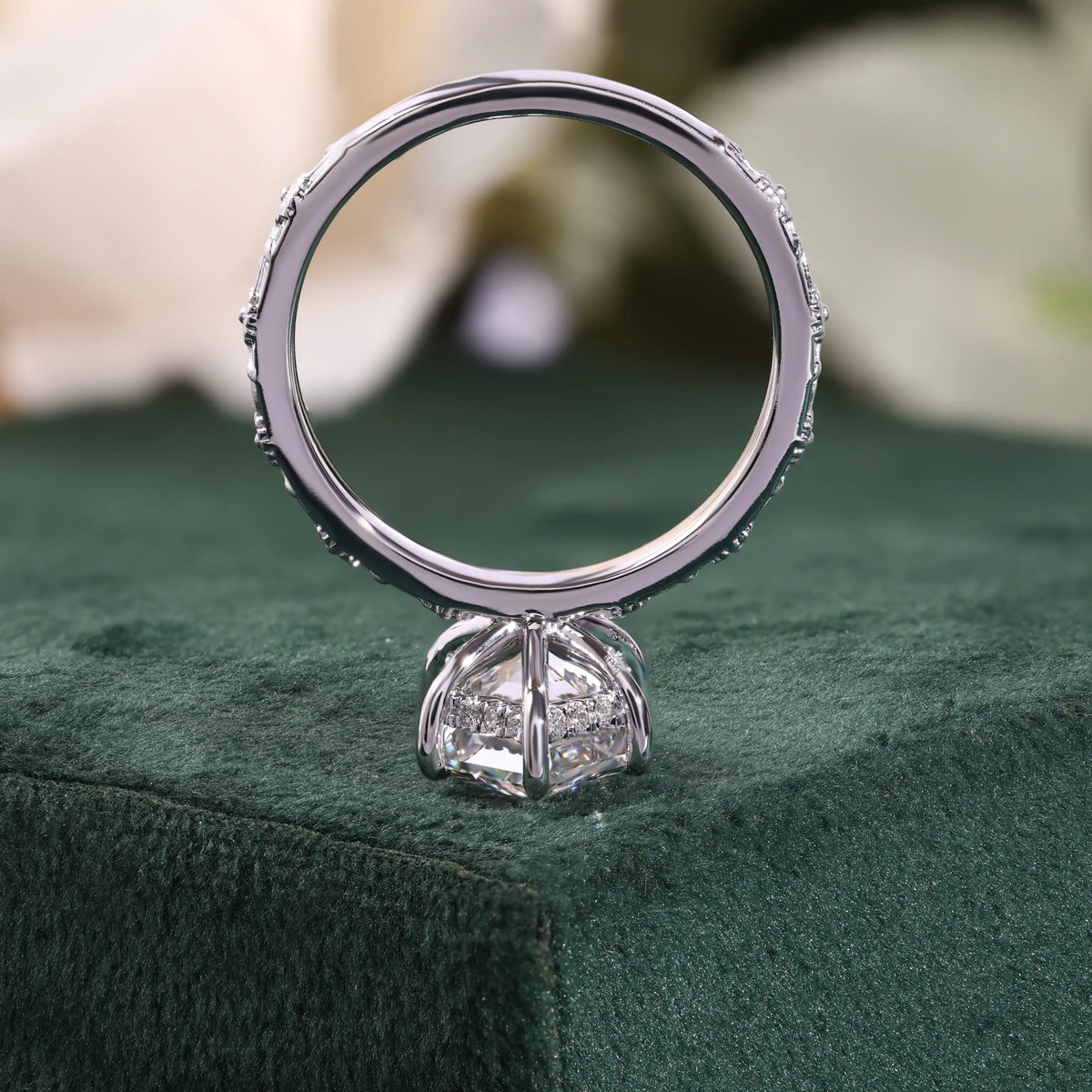 Elongated Hexagon Cut Diamond Engagement Ring with Hidden Halo