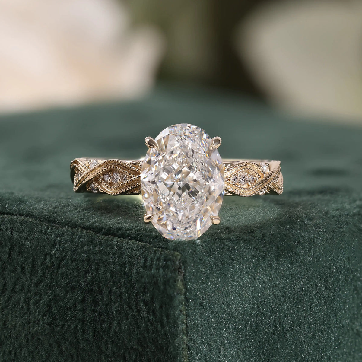Vintage Oval Diamond Engagement Ring with Migraine Diamond Ring