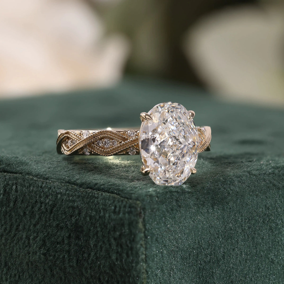 Vintage Oval Diamond Engagement Ring with Migraine Diamond Ring