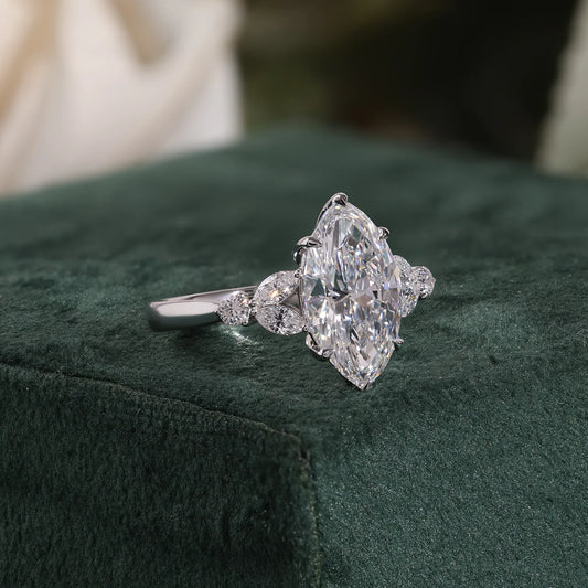 Marquise Lab Grown Diamond Ring, Pear Round Diamond Cluster Sides