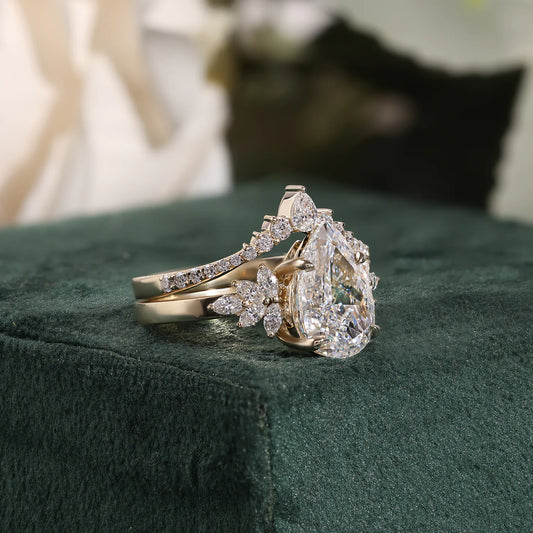 Pear Lab Grown Diamond Bridal Set, Floral Cluster, Curved Band