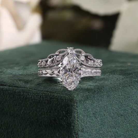 Vintage Marquise Cut Lab-Grown Diamond Bridal Set with Hand-Engraved Leaf Motif and Curved Tiara Band
