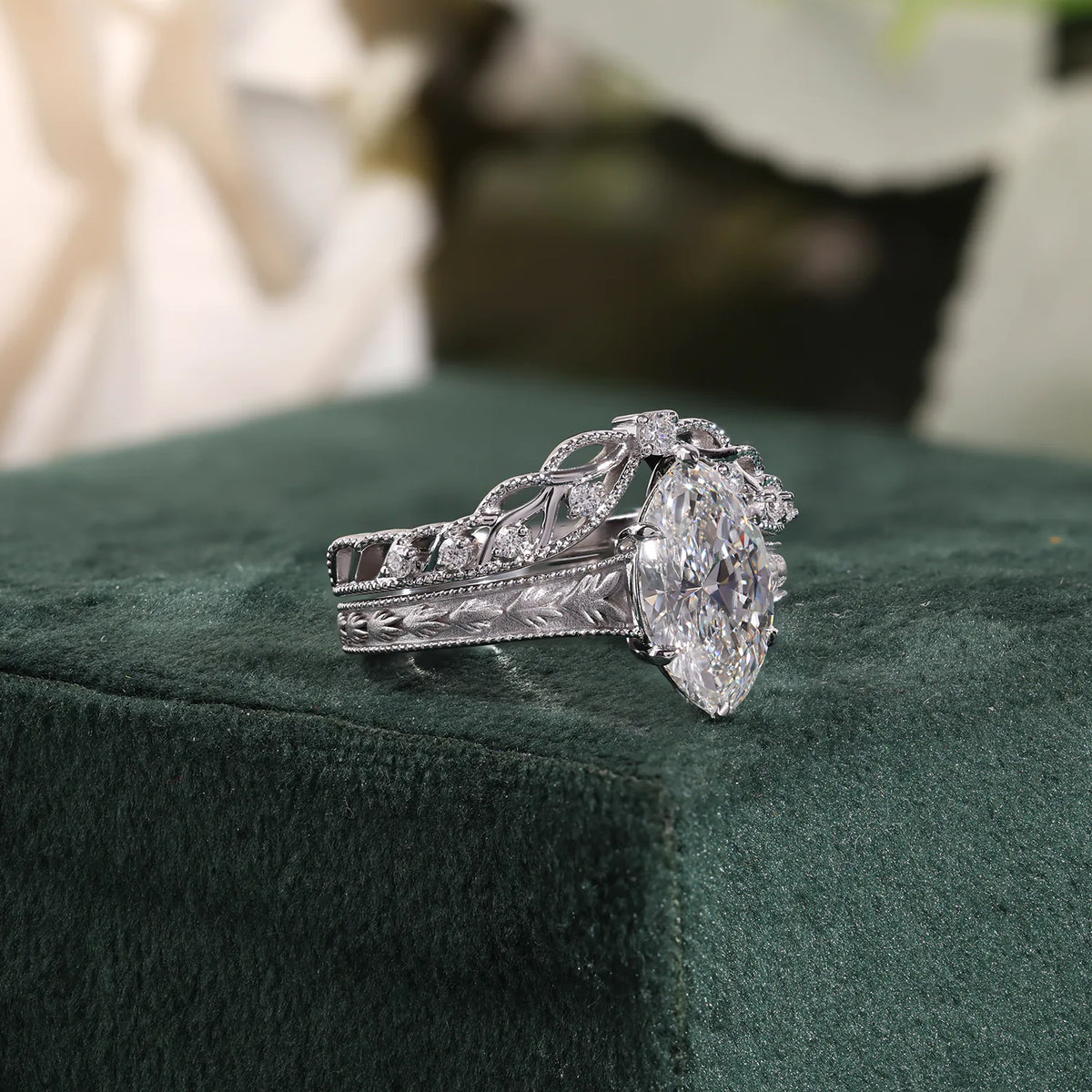 Vintage Marquise Cut Lab-Grown Diamond Bridal Set with Hand-Engraved Leaf Motif and Curved Tiara Band