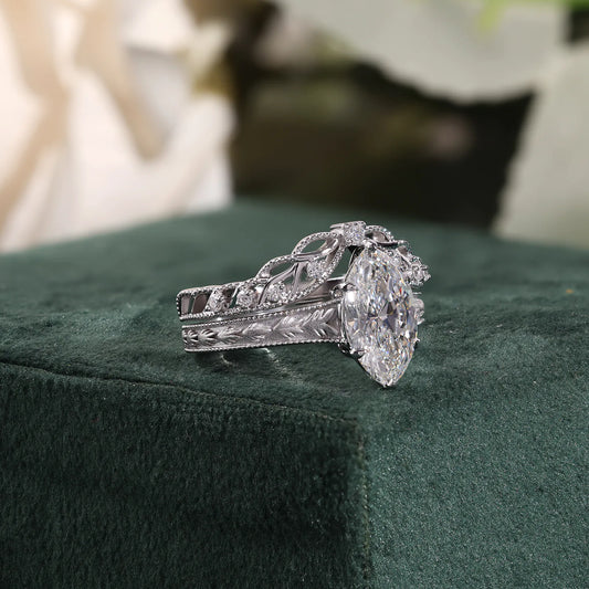 Vintage Marquise Cut Lab-Grown Diamond Bridal Set with Hand-Engraved Leaf Motif and Curved Tiara Band