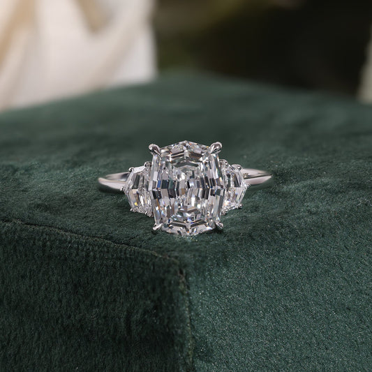 Octagonal Cut Lab Grown Diamond Ring, Cadillse Side Stones, Plain Ring