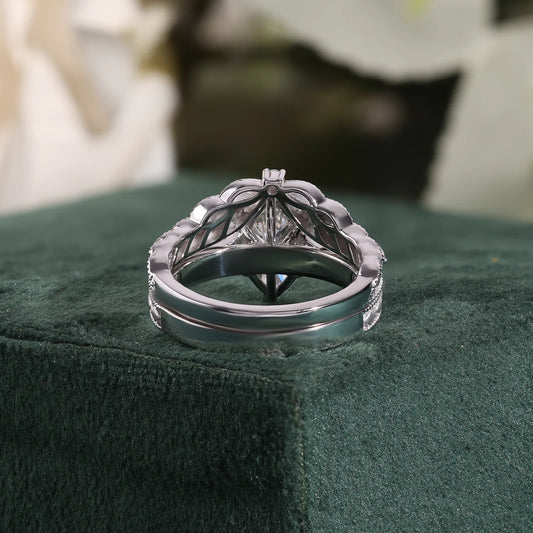 Vintage Marquise Cut Lab-Grown Diamond Bridal Set with Hand-Engraved Leaf Motif and Curved Tiara Band