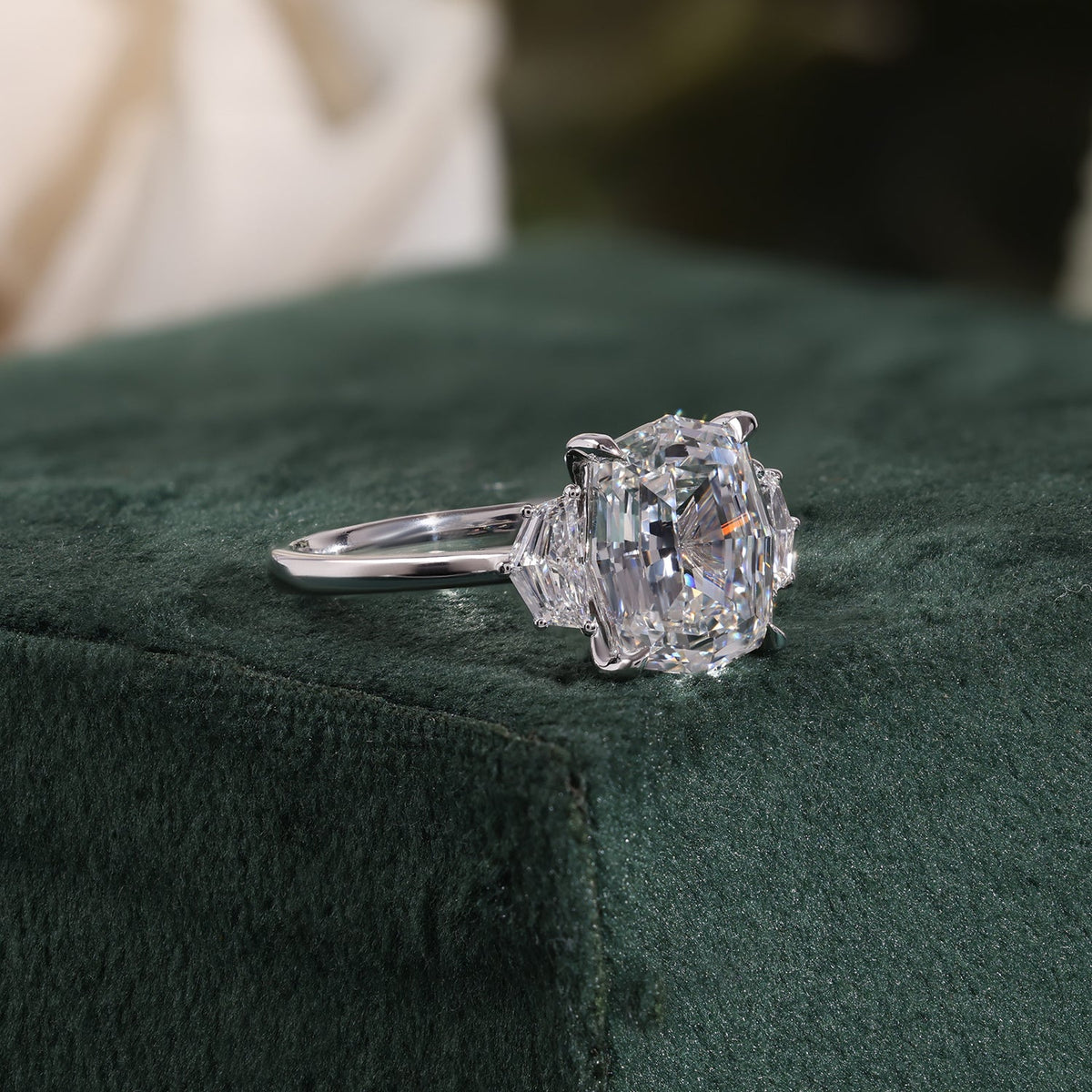 Octagonal Cut Lab Grown Diamond Ring, Cadillse Side Stones, Plain Ring