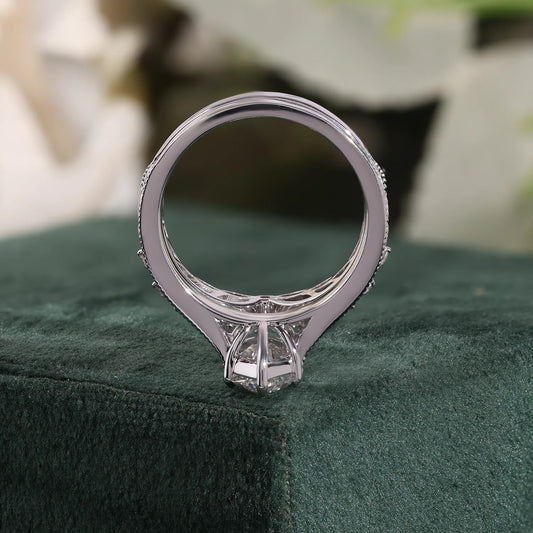 Vintage Marquise Cut Lab-Grown Diamond Bridal Set with Hand-Engraved Leaf Motif and Curved Tiara Band