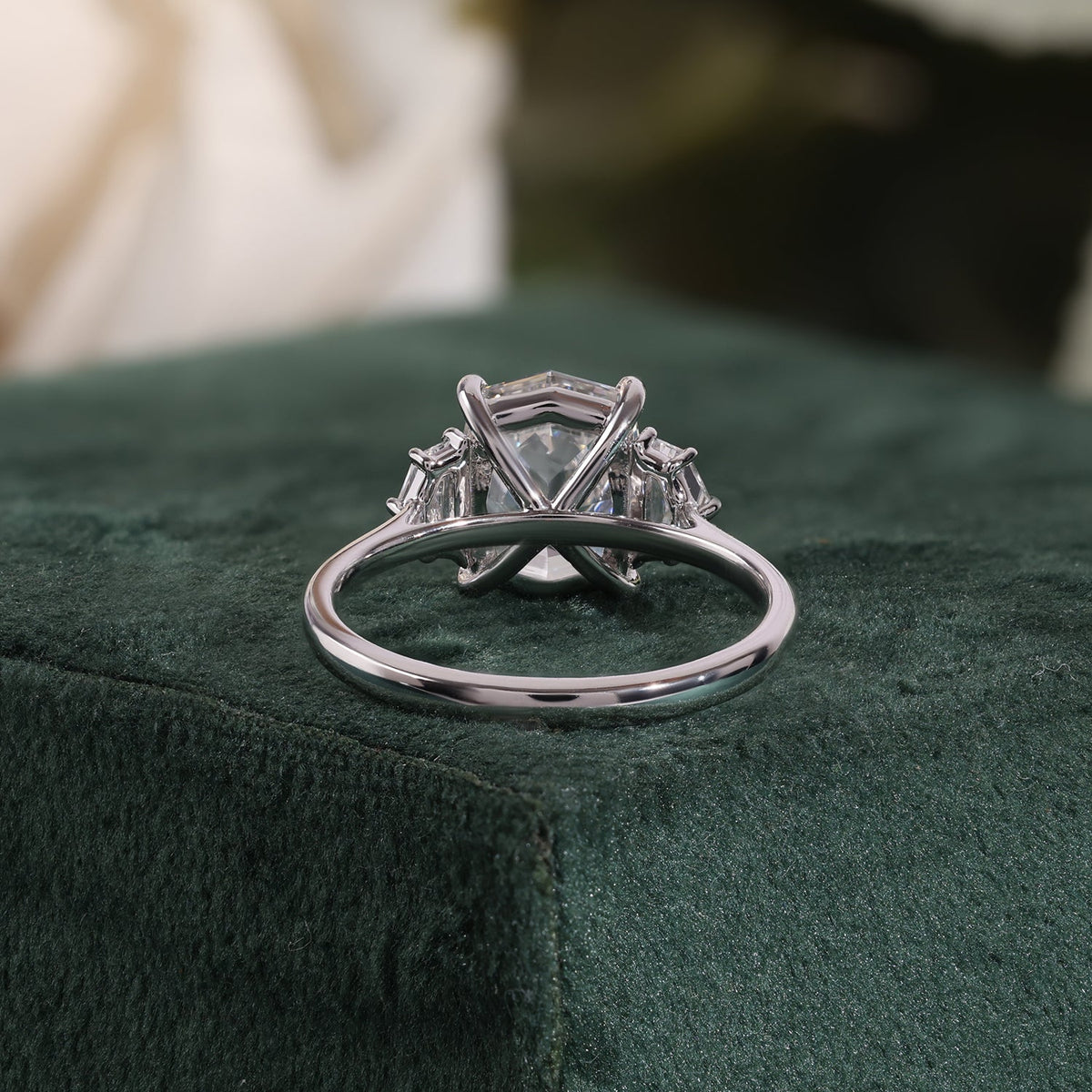 Octagonal Cut Lab Grown Diamond Ring, Cadillse Side Stones, Plain Ring