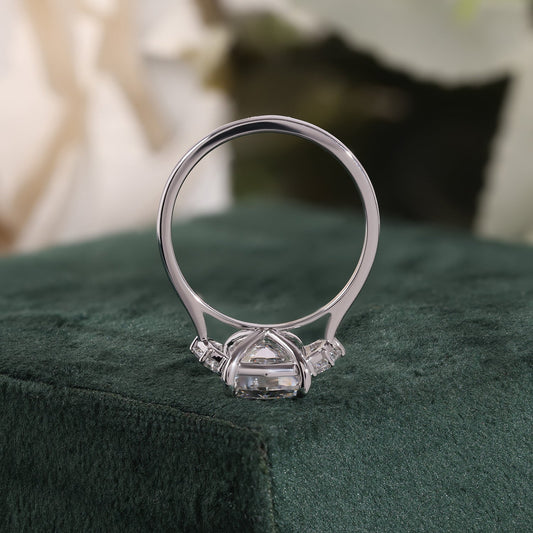 Octagonal Cut Lab Grown Diamond Ring, Cadillse Side Stones, Plain Ring